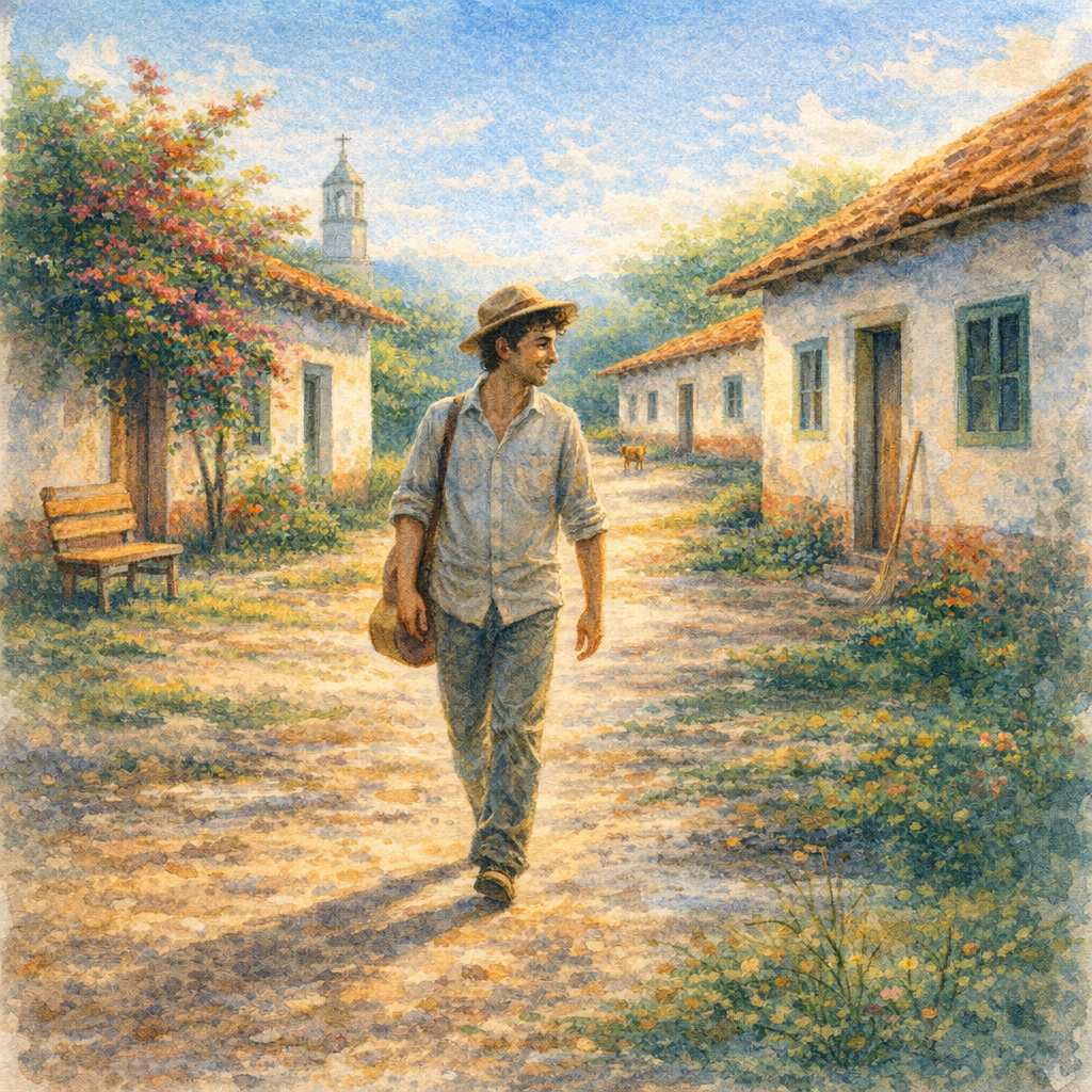 Acuarela de Guáncher caminando por camino rural costarricense, con casas bajas, árboles grandes y volcán al fondo