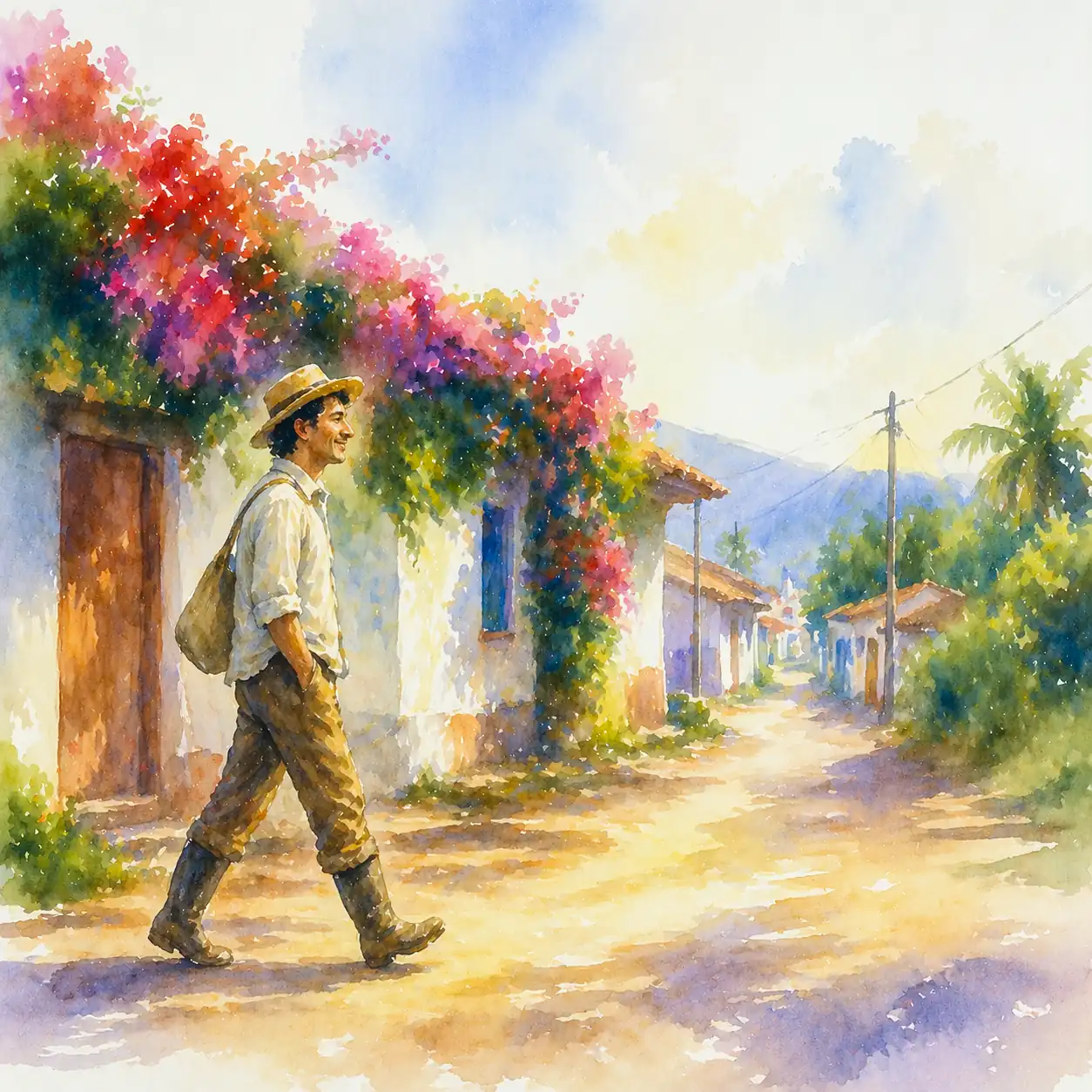 Acuarela de Guáncher andando por un pueblo rural en la mañana, como quien sigue oyendo historias mientras anda