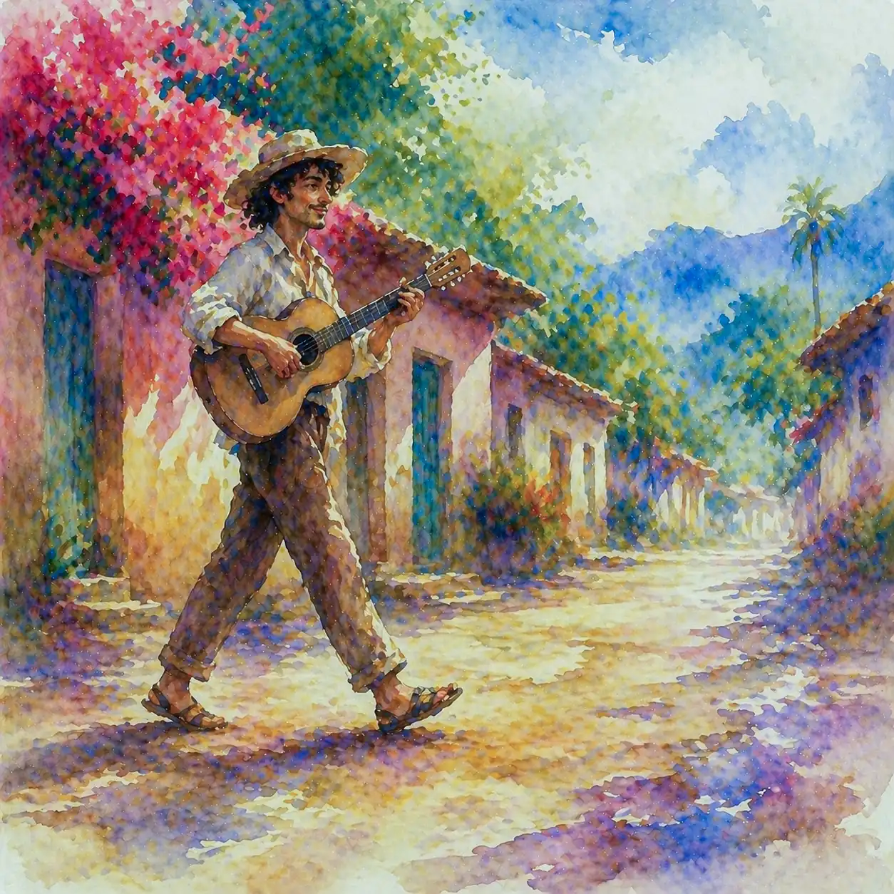 Acuarela de Guáncher andando con guitarra por una calle de pueblo, entre buganvilias y luz de mañana