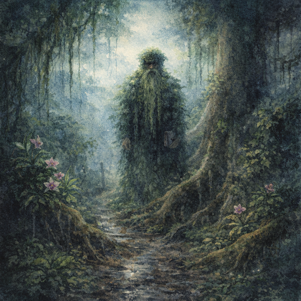 Acuarela del Dueño 'e Monte: figura alta y silenciosa entre árboles grandes, barba larga de liquen y bosque húmedo
