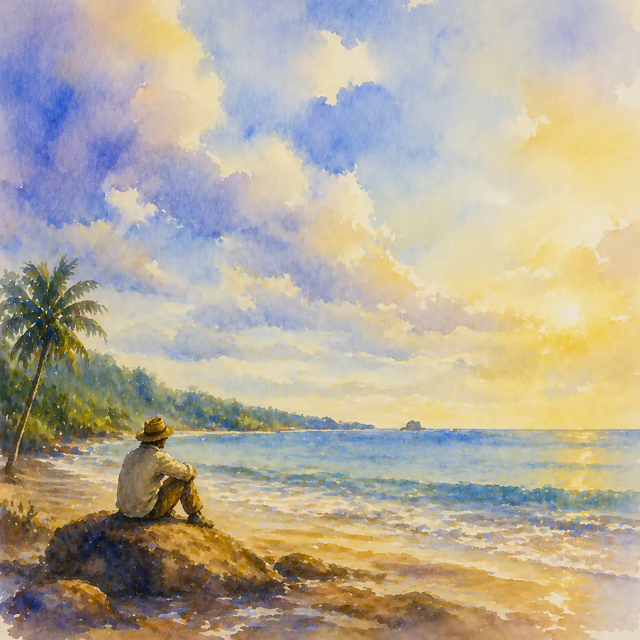 Acuarela de Guáncher descansando y jugando con el agua en un río claro de verano